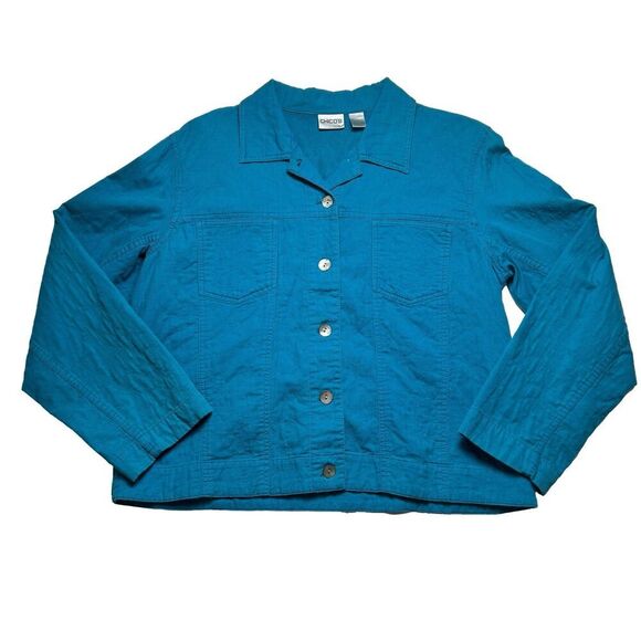 CHICO’S Woman’s Long Sleeve Button Down Jacket Teal sz 2 - Picture 1 of 5